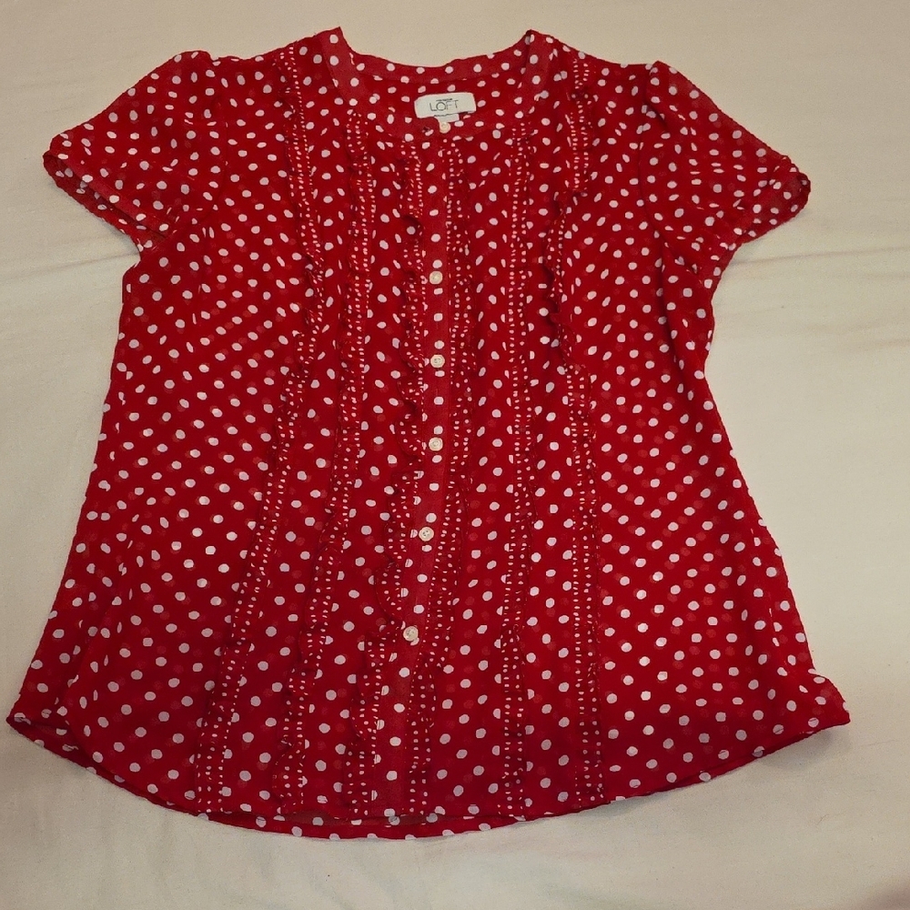 LOFT Red Flutter Sleeve Blouse with Mandarin Collar
